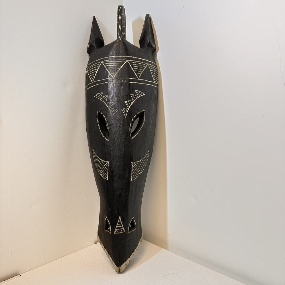 Vintage Wall Mask Hand Carved Wooden Tribal Zebra Horse Face Shaped 18 x 5.5 in